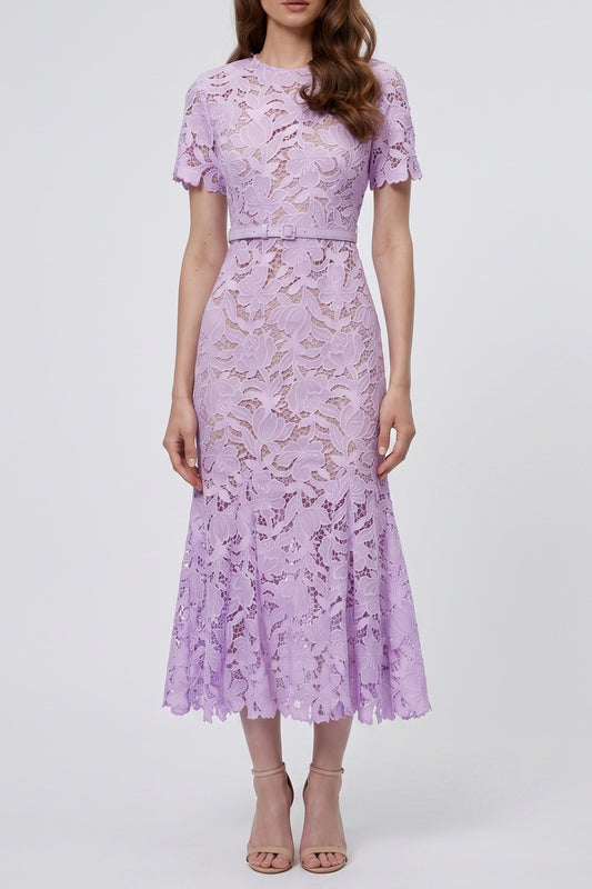 Lilac Short Sleeve Floral Lace Midi Dress