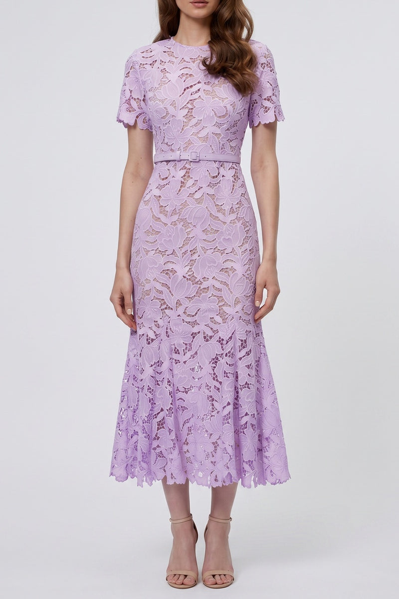Lilac Short Sleeve Floral Lace Midi Dress