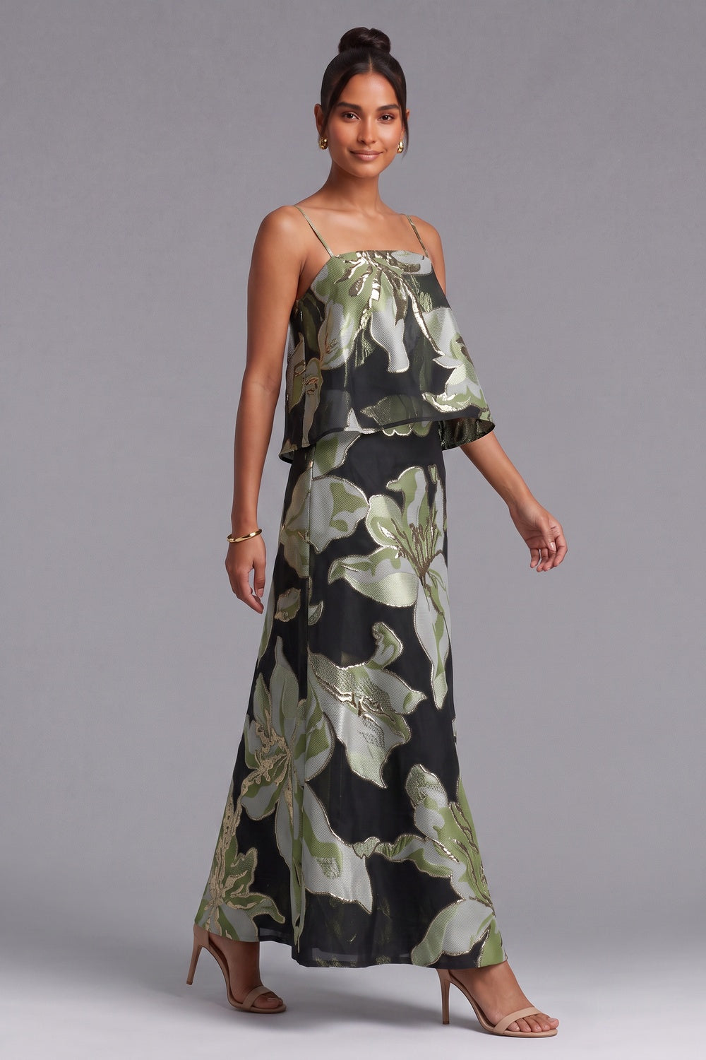 Black Metallic Floral Jacquard Two-Piece Set with Cropped Trapeze Top and Maxi Skirt black metallic floral jacquard two-piece matching set - product view 4