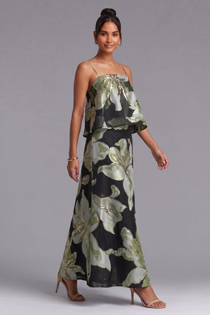 Black Metallic Floral Jacquard Two-Piece Set with Cropped Trapeze Top and Maxi Skirt black metallic floral jacquard two-piece matching set - product view 4