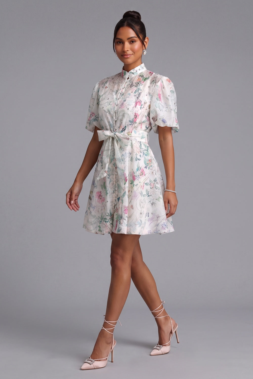 Floral Print Belted Mini Dress Premium Fabric - product view 4
