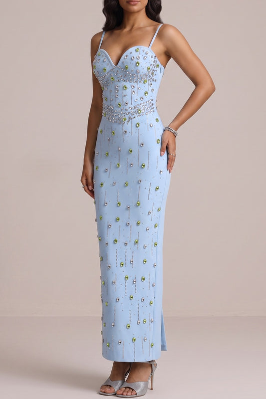 Spaghetti Strap Sweetheart Neck Two-Tone Rhinestone Midi Dress