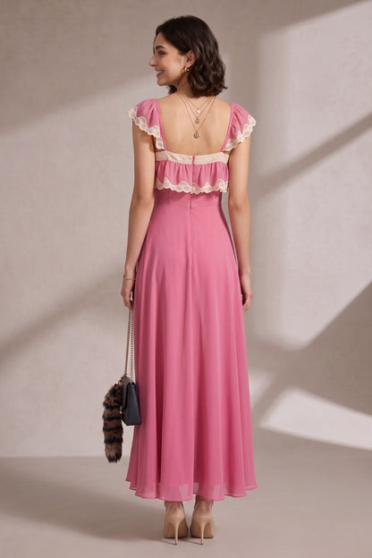Pink Maxi Dress with Lace Trim and Ruffle Detail Premium Fabric - product view 4