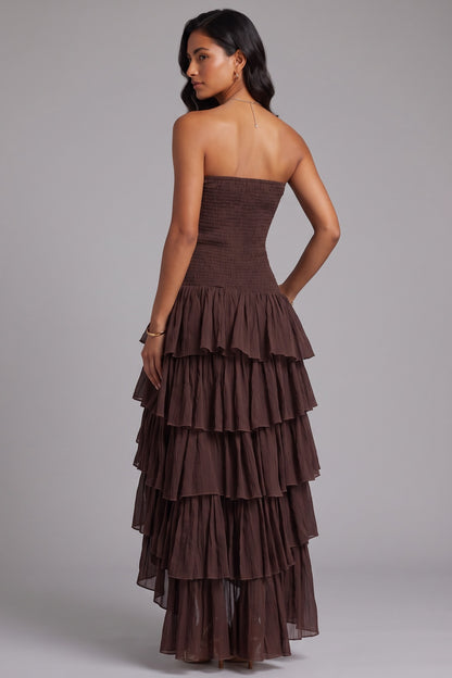 Strapless Smocked Tiered High Low Midi Dress