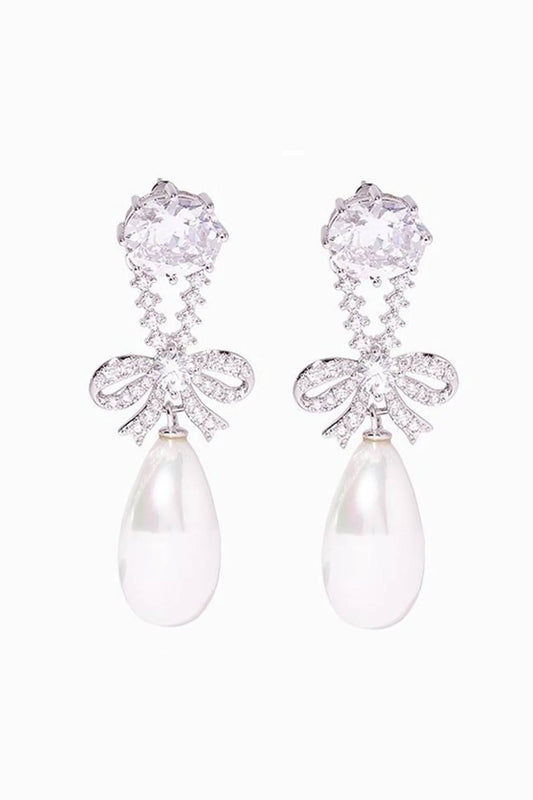 Cubic Zirconia Bow Teardrop Pearl Long Drop Silver Earrings