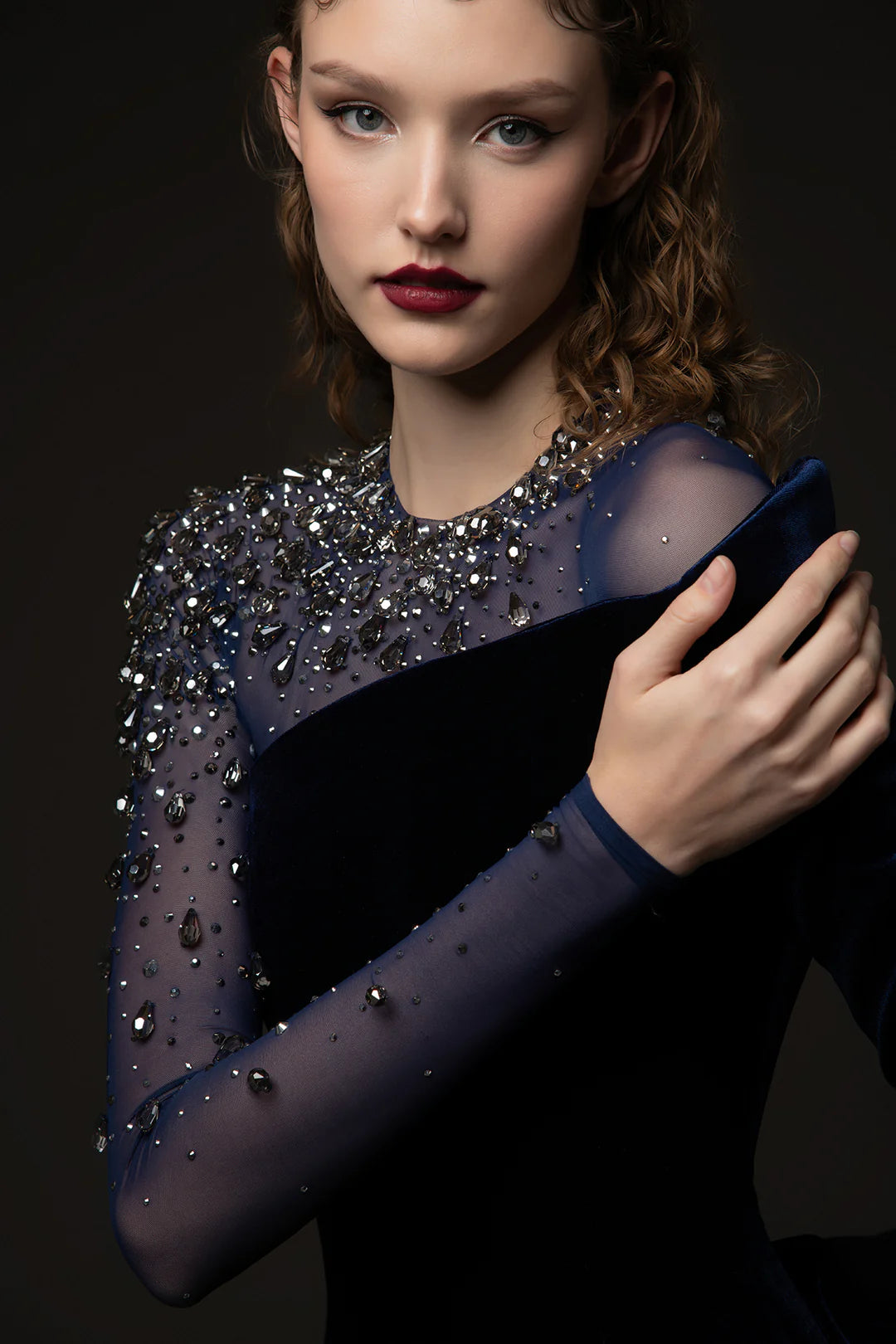 riva crystal patchwork Velvet Column maxi Dress in dark blue