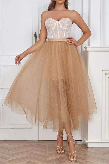 Peach Sparkle Tulle Corset Strapless Midi Dress