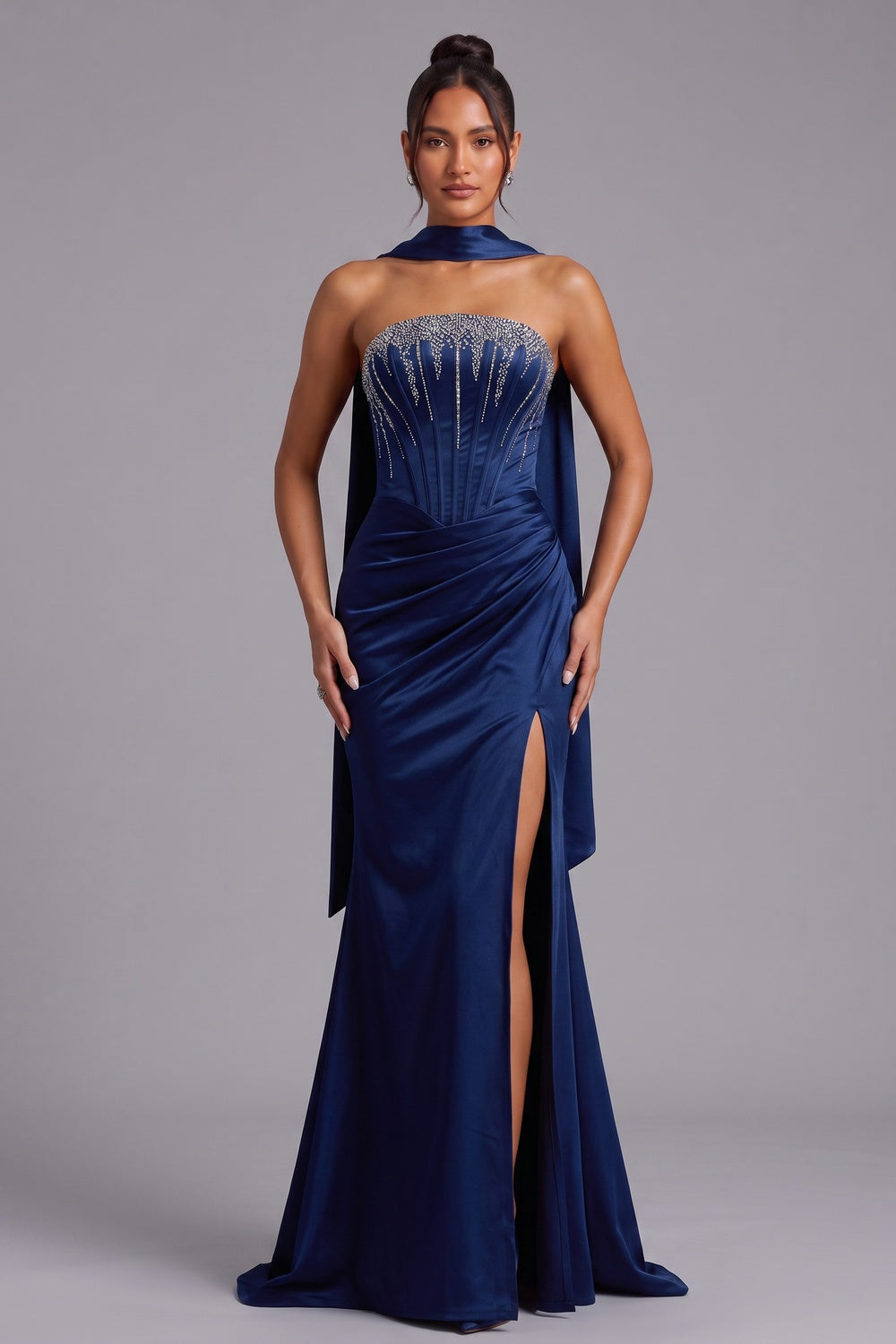 Deep Blue Strapless Evening Gown with Rhinestone Bodice and Cape Detail Premium Fabric - product view 2