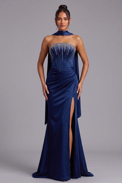 Deep Blue Strapless Evening Gown with Rhinestone Bodice and Cape Detail Premium Fabric - product view 2