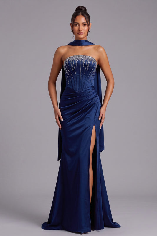 Deep Blue Strapless Evening Gown with Rhinestone Bodice and Cape Detail Premium Fabric - product view 2