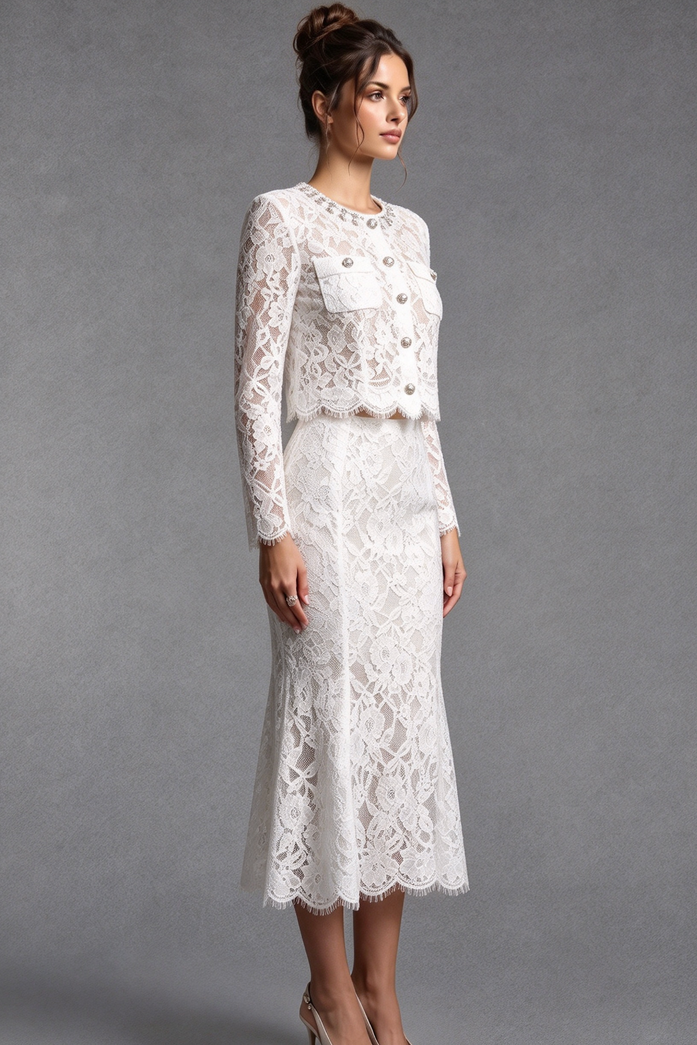 White Floral Corded Lace Two-Piece Skirt Suit