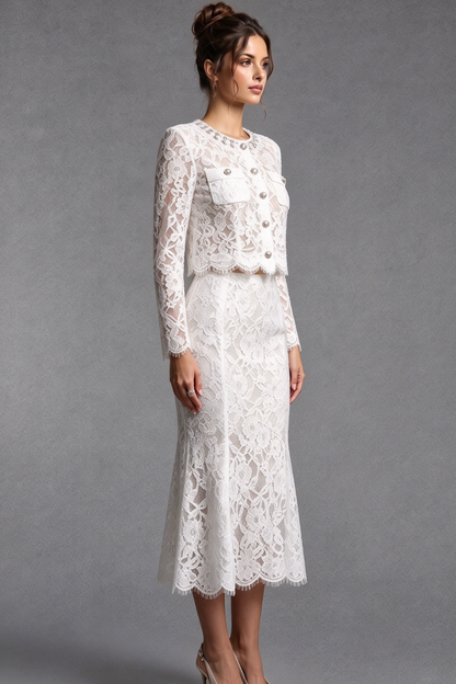 White Floral Corded Lace Two-Piece Skirt Suit