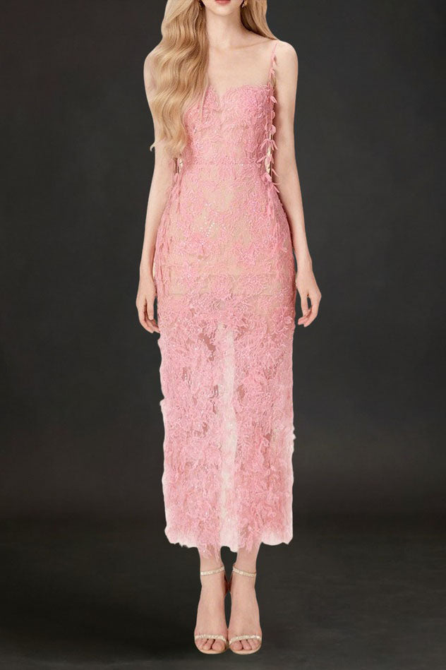 PINK BEADED LACE PENCEL DRESS