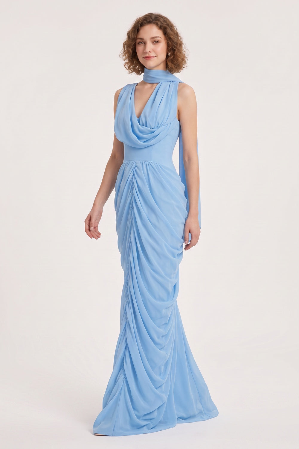 Light Blue Cowl Neckline Floor-Length Gown with Front Ruching Premium Fabric - product view 5