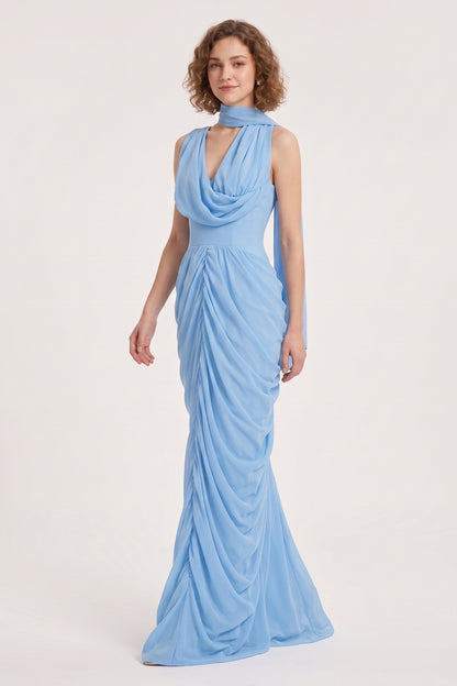 Light Blue Cowl Neckline Floor-Length Gown with Front Ruching Premium Fabric - product view 5