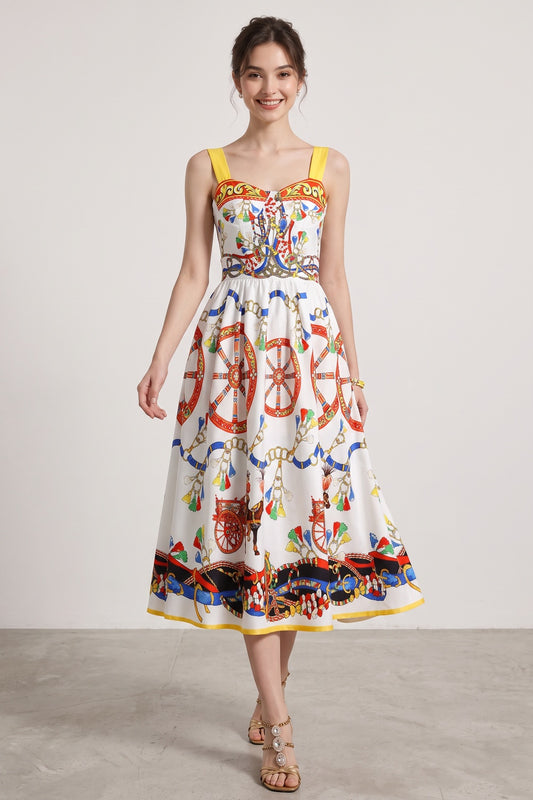 White Cotton Poplin Fit-and-Flare Midi Dress with Sicilian Carretto Print white cotton poplin midi dress - product view 1