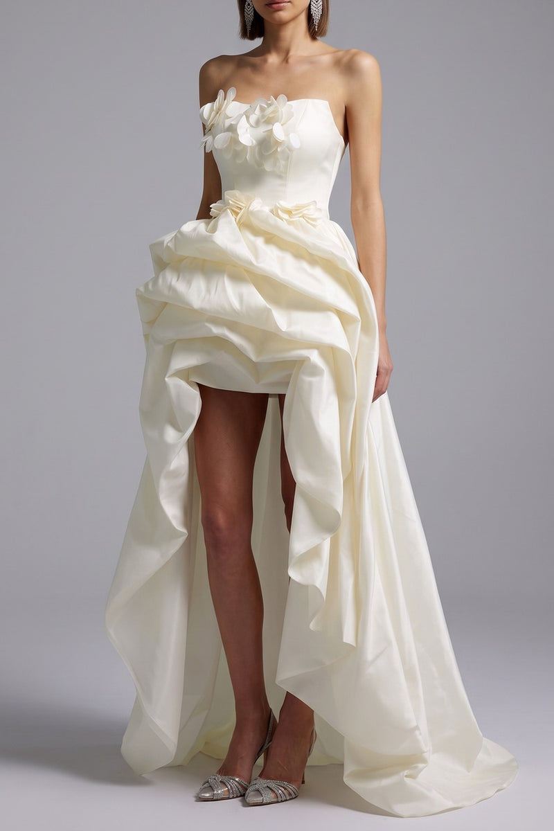 Strapless 3D Floral High Low Satin Evening Gown