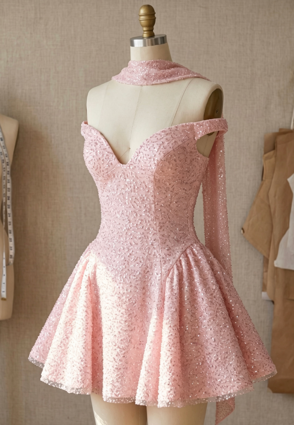 Light Pink Glitter-Embellished Tulle Fit-and-Flare Mini Dress