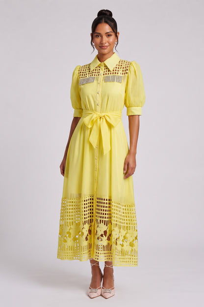 Yellow Midi Dress with Cutout Detail and Crystal Embellishment Premium Fabric - product view 4