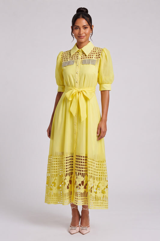 Yellow Midi Dress with Cutout Detail and Crystal Embellishment Premium Fabric - product view 4