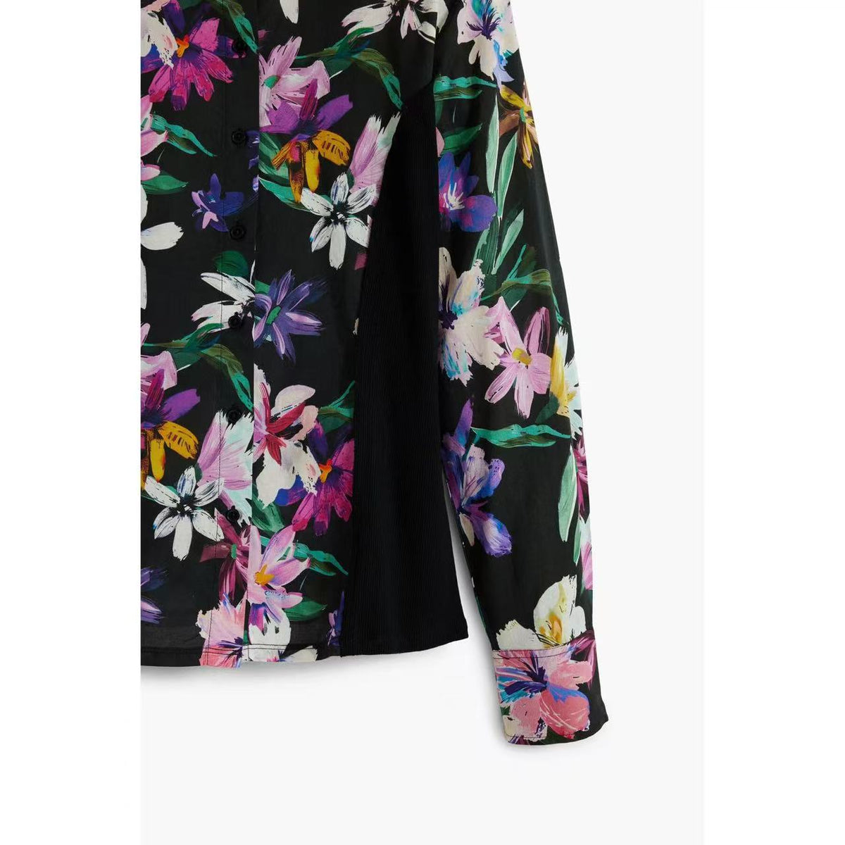 Black Vibrant Floral Print Long Sleeve Button-Down Shirt