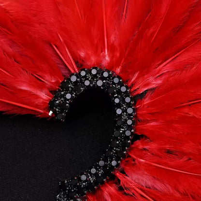 Dramatic Red Feather Ear Cuff, Black Rhinestone Ear Wrap with Silver Chain Tassel