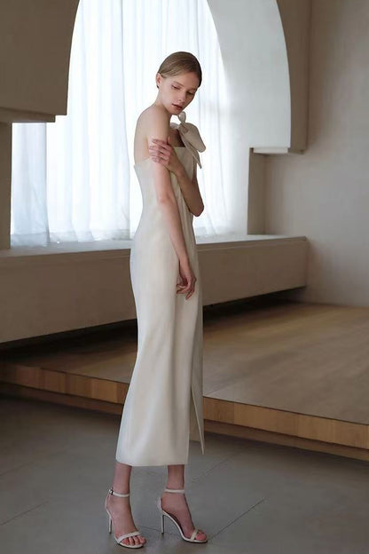 Estelle White Off Shoulder Satin Midi Dress with Bow