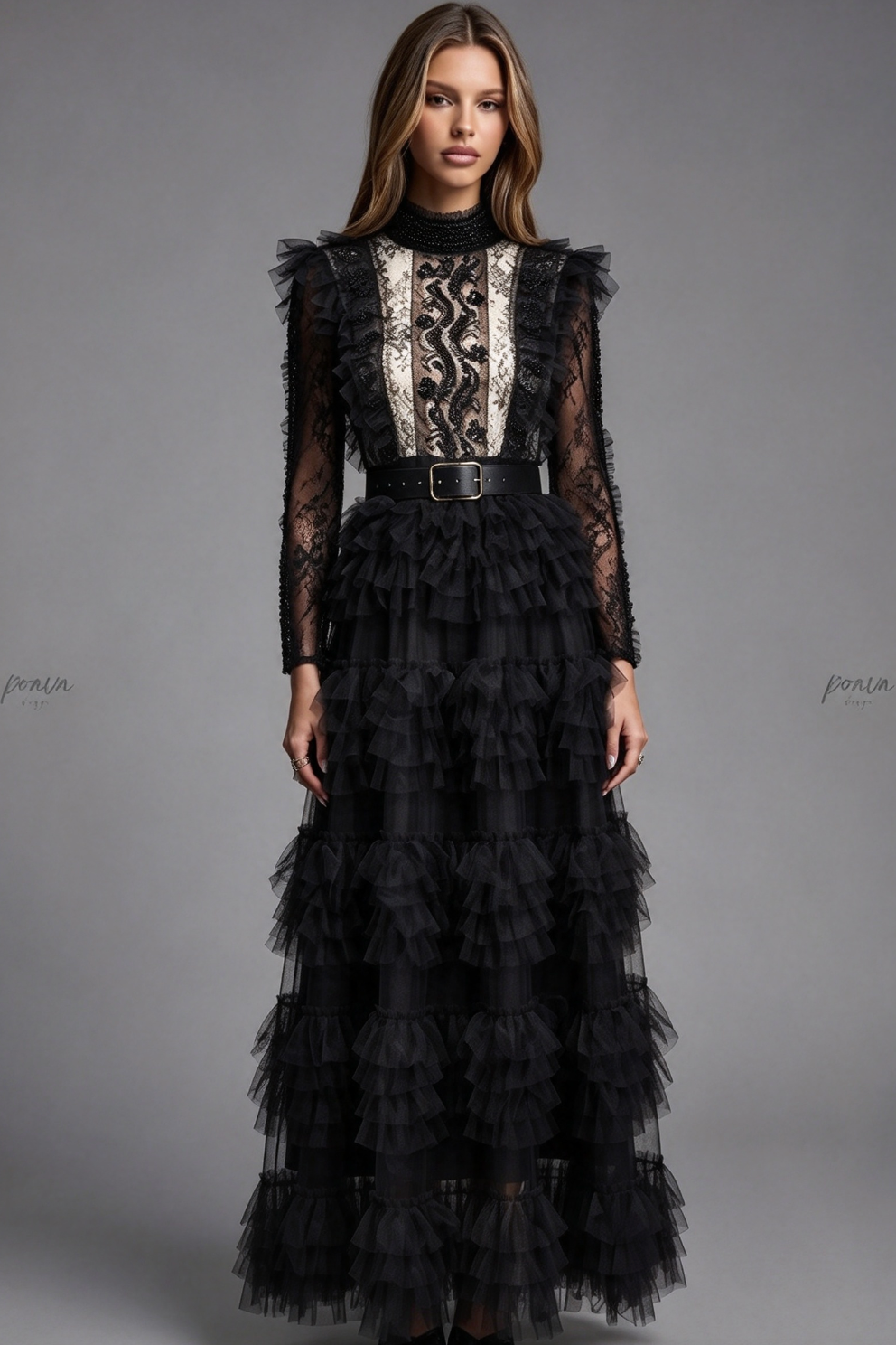 Black Tulle A-line Tiered Maxi Dress