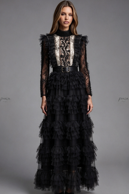 Black Tulle A-line Tiered Maxi Dress