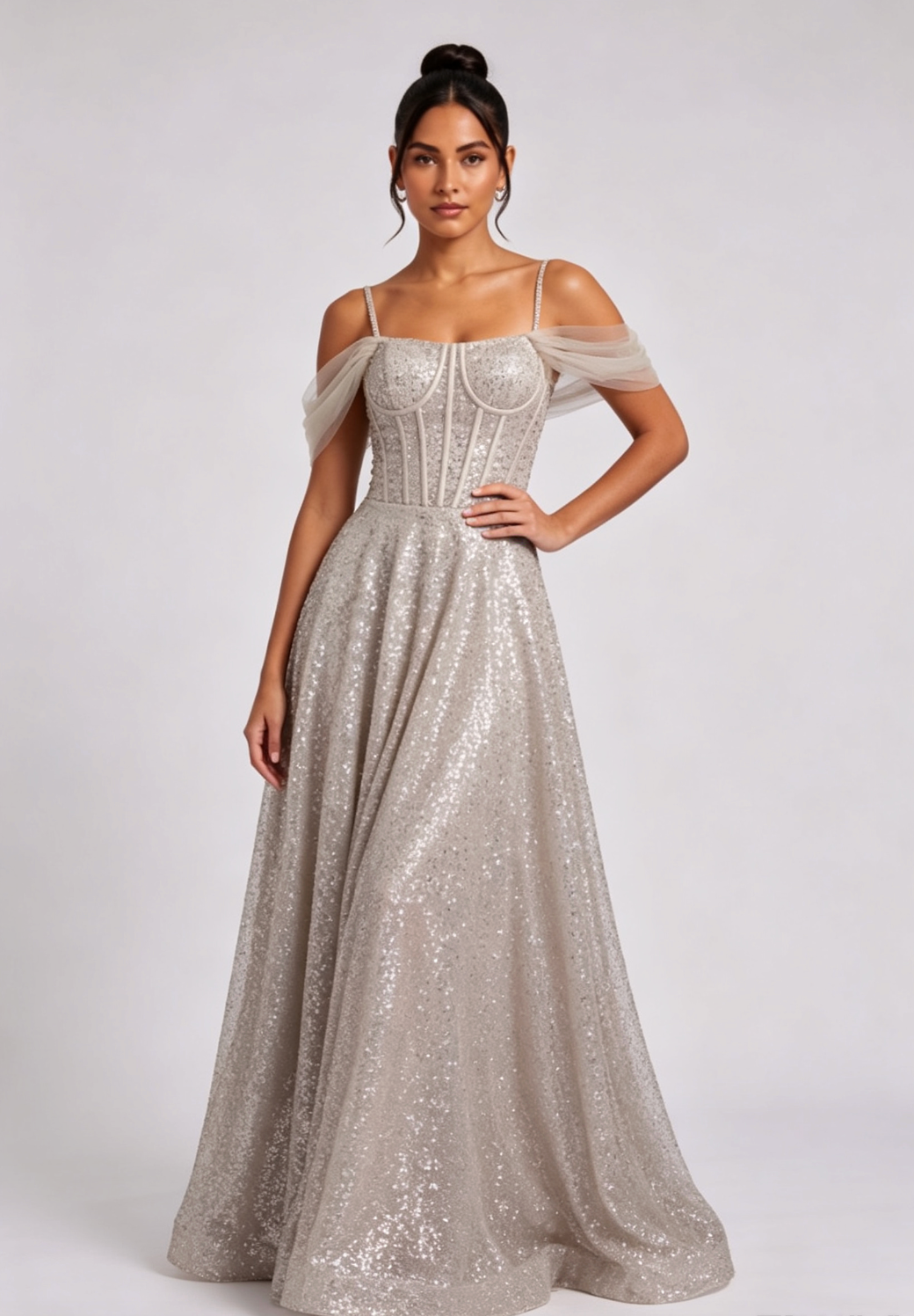 champagne sequined tulle A-line evening gown