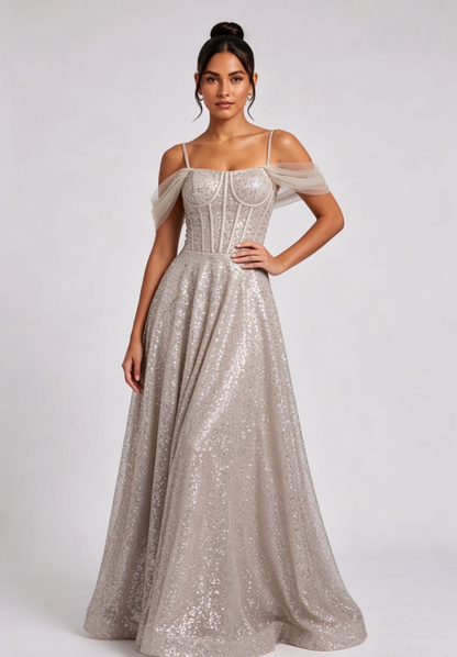 champagne sequined tulle A-line evening gown