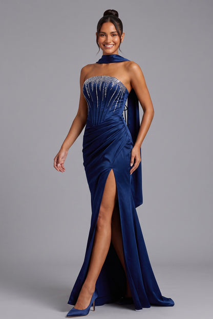 Deep Blue Strapless Evening Gown with Rhinestone Bodice and Cape Detail Premium Fabric - product view 3