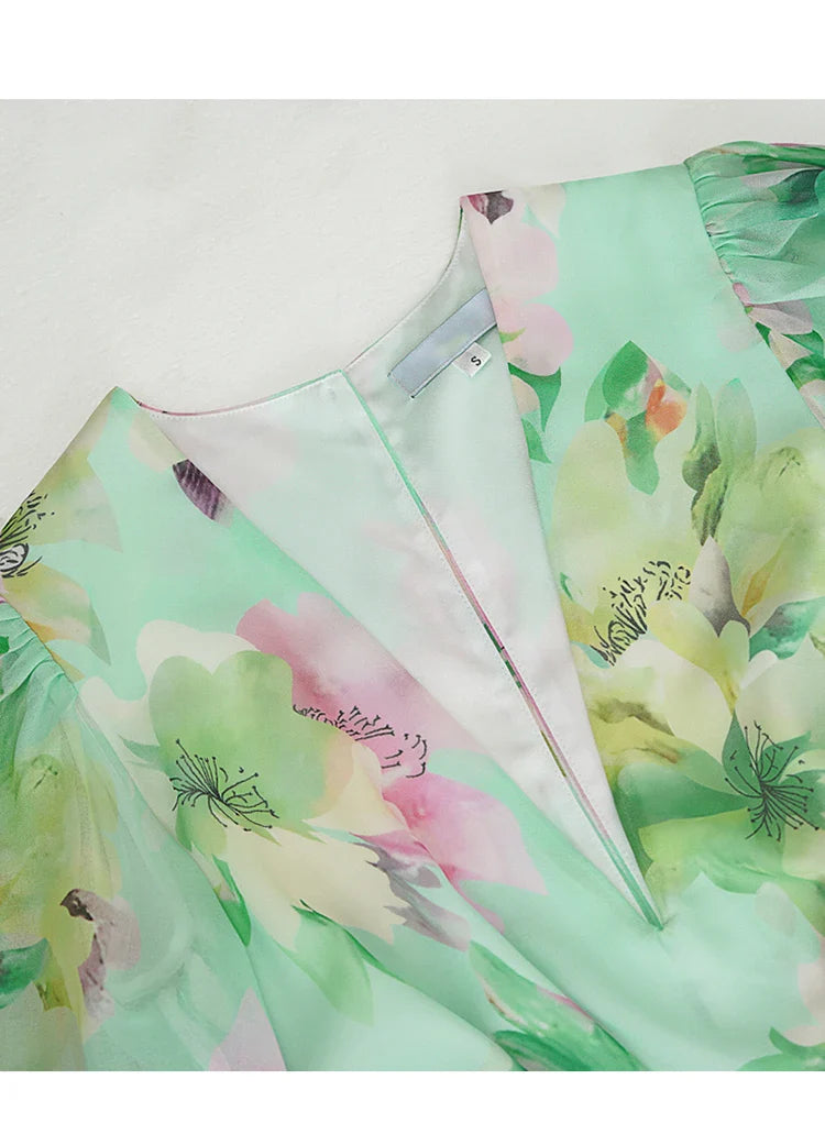 V Neck floral print chiffon maxi dress in green
