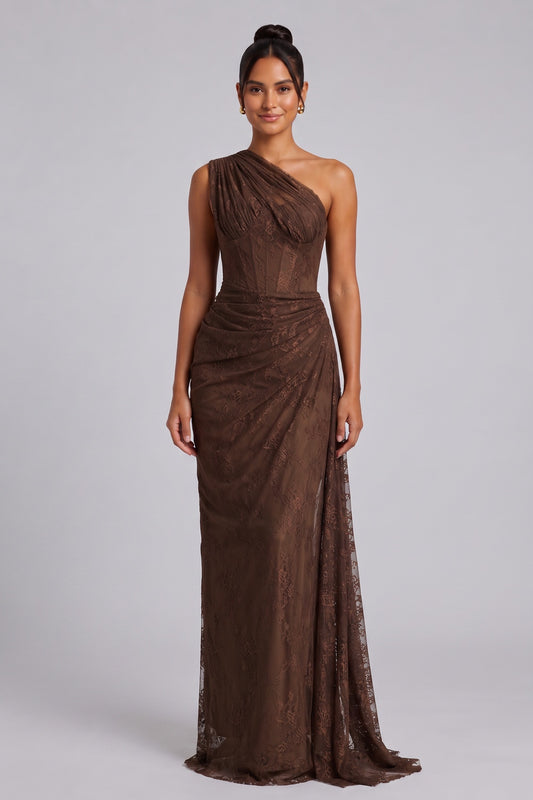 chocolate brown floral lace column gown chocolate brown floral lace gown - product view 1