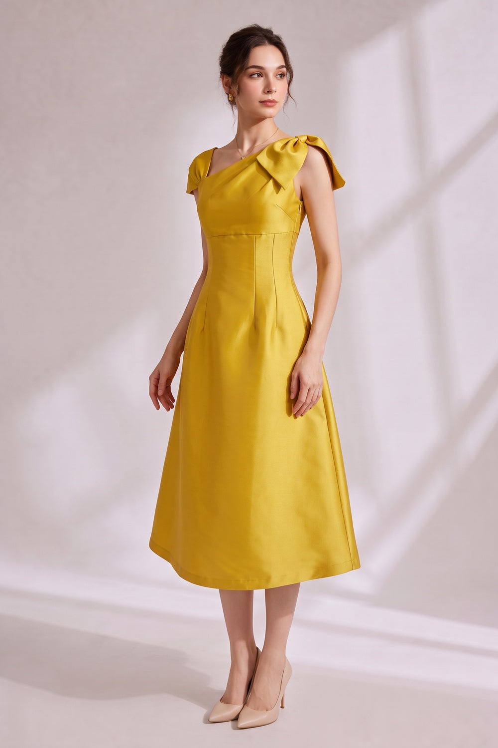 Yellow Asymmetrical Bow Satin Midi Party Dress