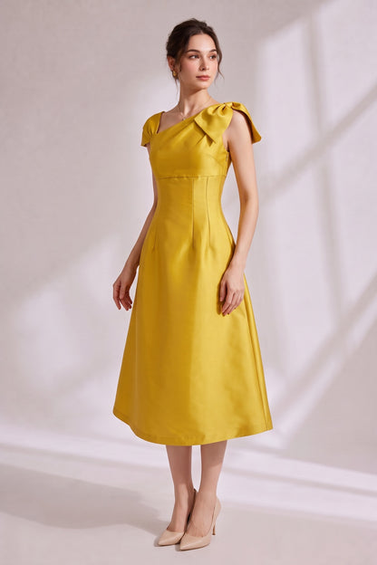 Yellow Asymmetrical Bow Satin Midi Party Dress
