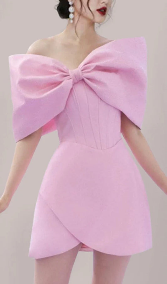 PINK OFF SHOULDER BOW CORSET MINI DRESS