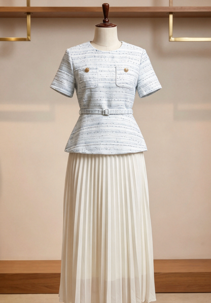 Light Blue Tweed Peplum Top with Pleated Midi Skirt Two-Piece Set