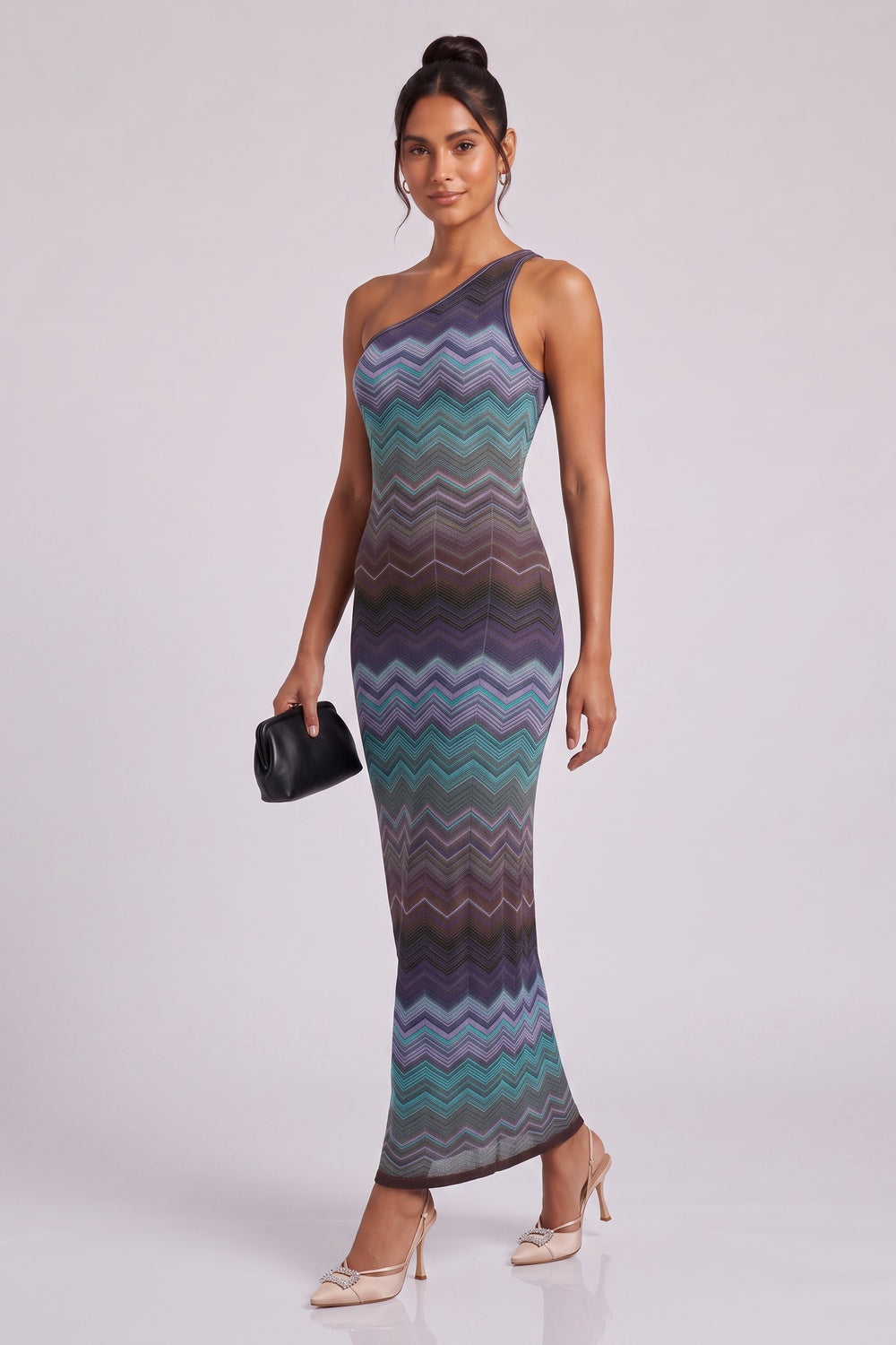 One-Shoulder Chevron Maxi Dress in Teal, Purple & Brown teal, purple, brown fine knit dress - product view 3