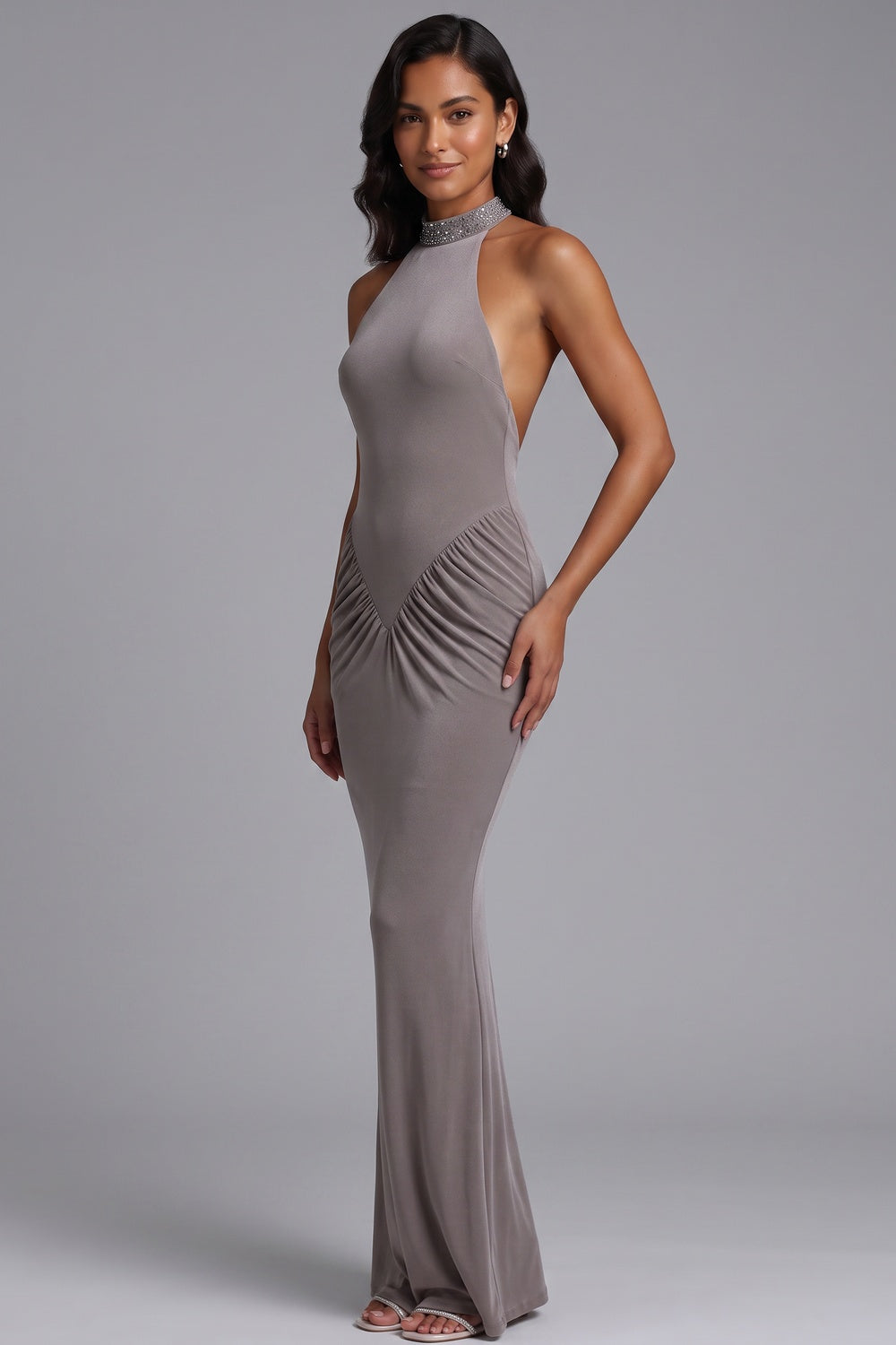 taupe grey stretch jersey column evening gown taupe grey stretch jersey evening gown - product view 1