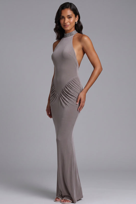 taupe grey stretch jersey column evening gown taupe grey stretch jersey evening gown - product view 1