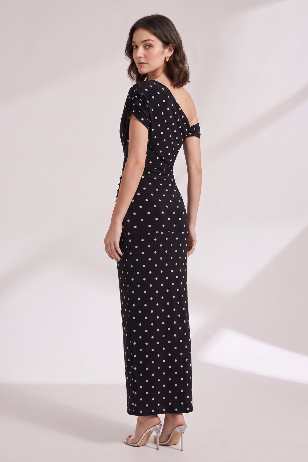 Black Polka Dot One-Shoulder Maxi Dress black stretch jersey dress - product view 3