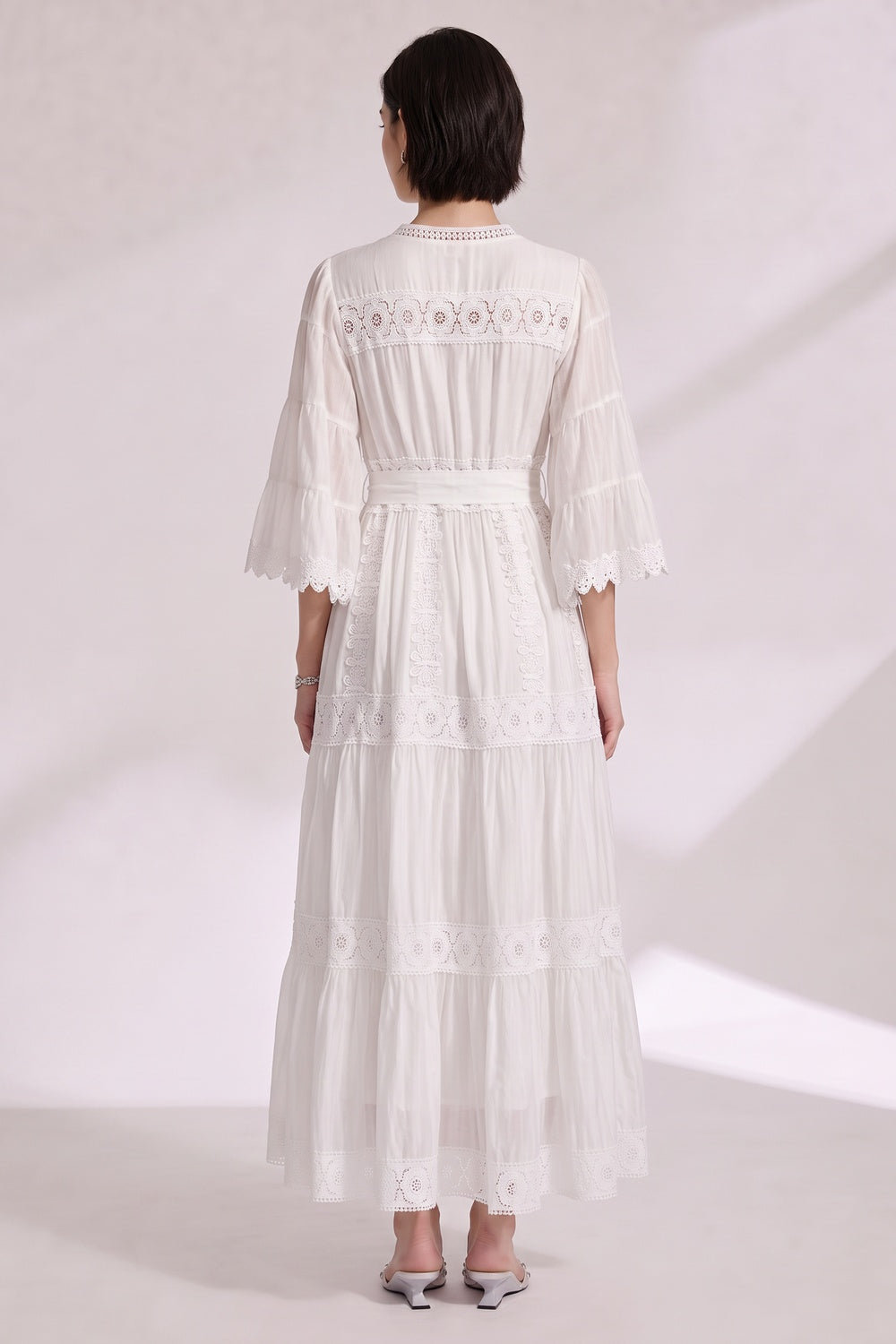 White A-Line Tiered Maxi Dress with Lace Inserts white lightweight cotton or linen blend dress - product view 5