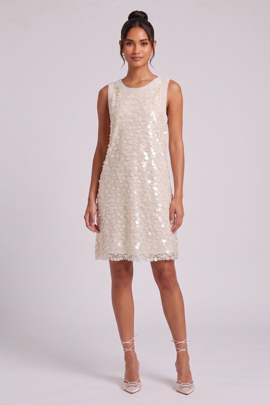 Cream Mesh Base with All-Over Sequins Shift Dress cream, ivory mesh base with all-over sequins dress - product view 2