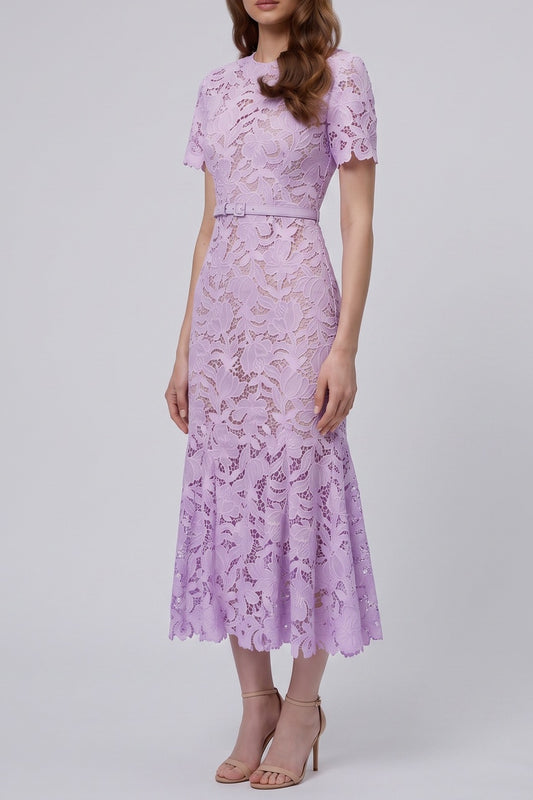 Lilac Short Sleeve Floral Lace Midi Dress