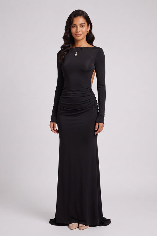 black fluid stretch jersey column gown black fluid stretch jersey gown - product view 1