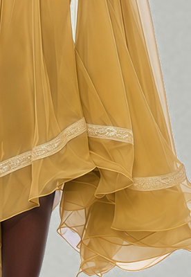 Mustard Yellow Sheer Chiffon Fit-and-Flare Midi Dress with White Scalloped Collar