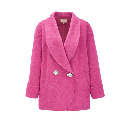 Oversized Wide Lapel Rhinestone Button Wool Coat