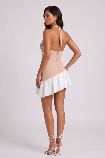 Rhinestone Mesh Halter Ruffle Satin Mini Dress