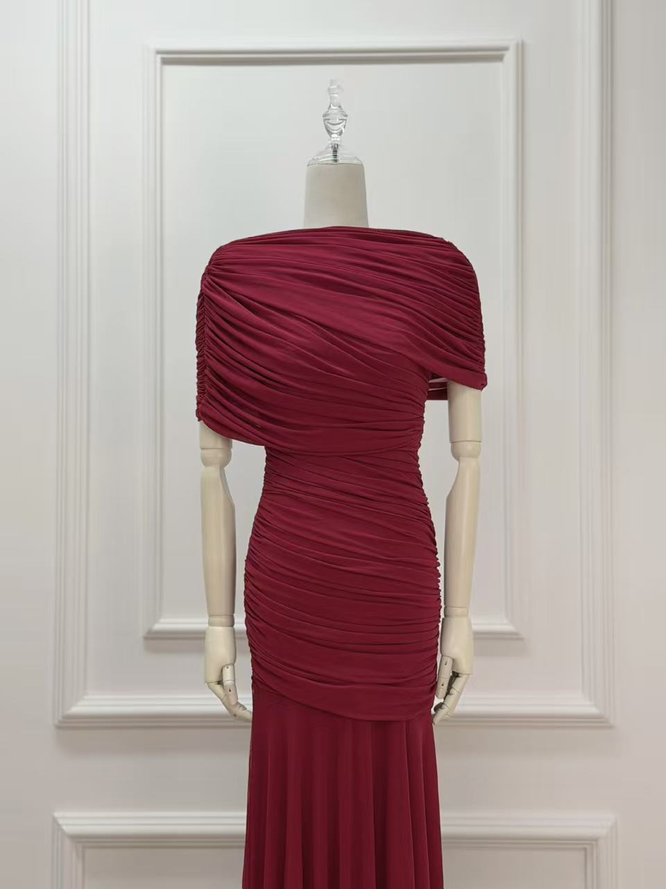 burgundy mesh mermaid evening gown